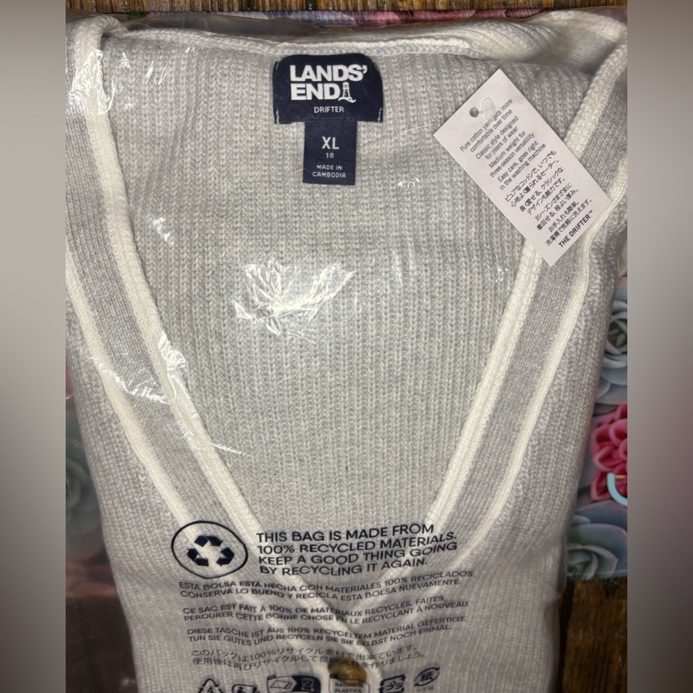 LANDSEND Women's Drifter Shaker Boyfriend Cardigan Sweater Gray/White Tipping - Picture 2 of 3